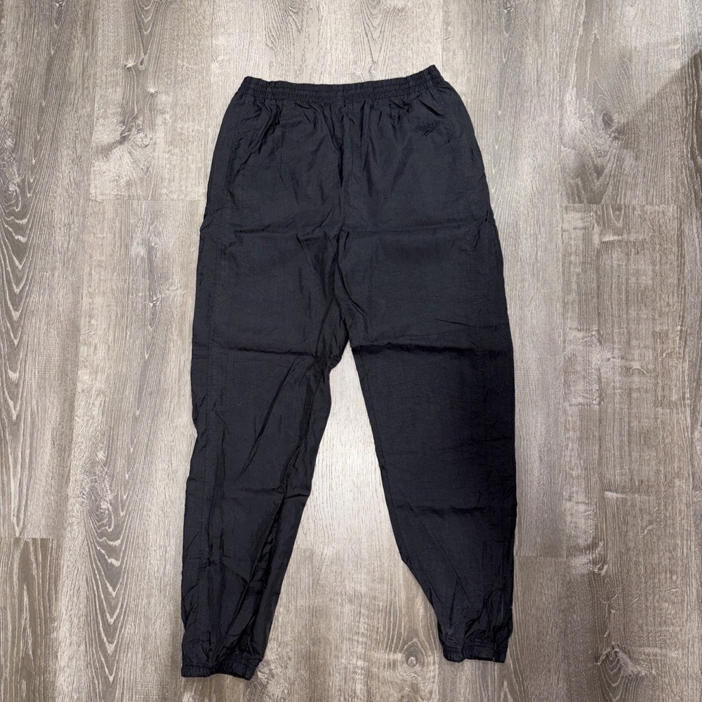 VTG Reebok Mens Track Pants Black Size Medium Elastic Waist Drawstring Nylon Zip